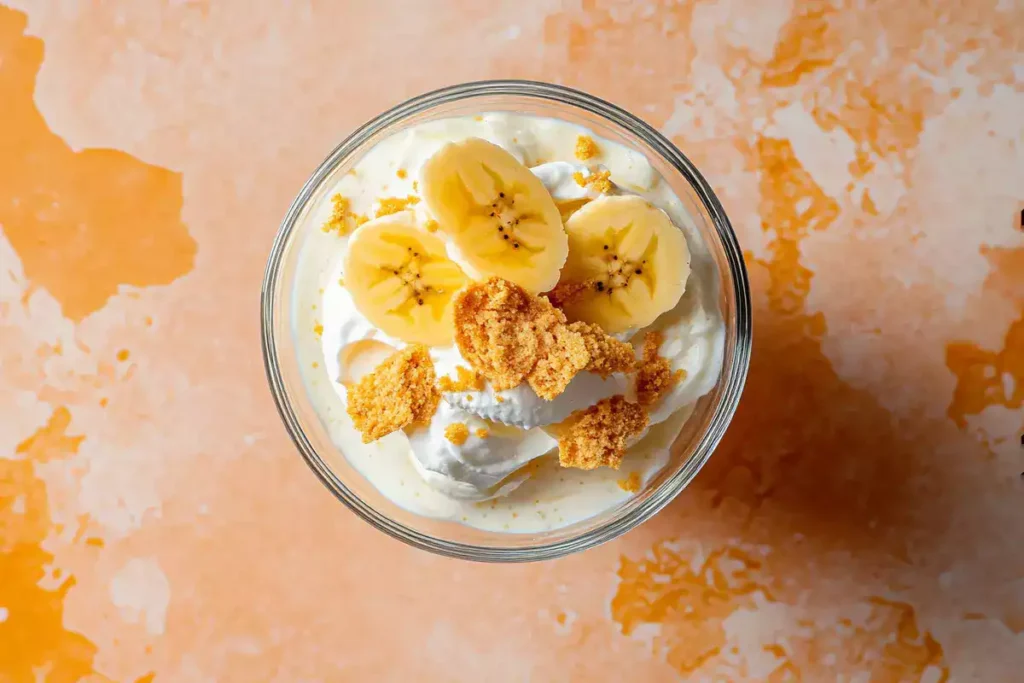 Close-up of a banana pudding serving in a transparent bowl with creamy layers, ripe banana slices, softened wafers, and a silver spoon.