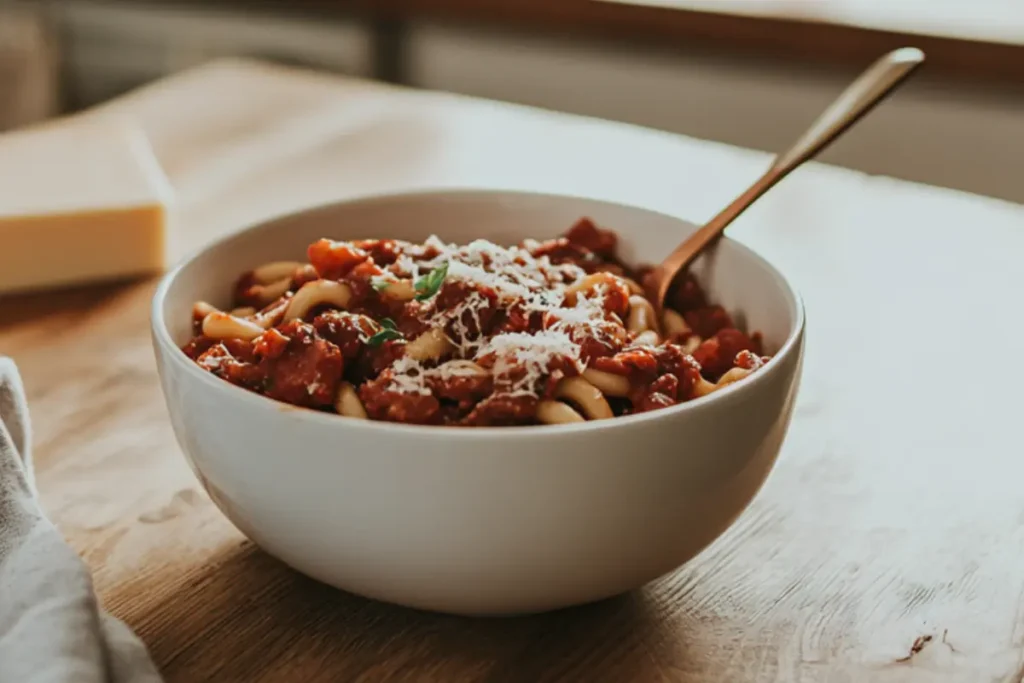 Overhead view of bucatini all’Amatriciana in a white bowl with cheese and guanciale in a bright kitchen